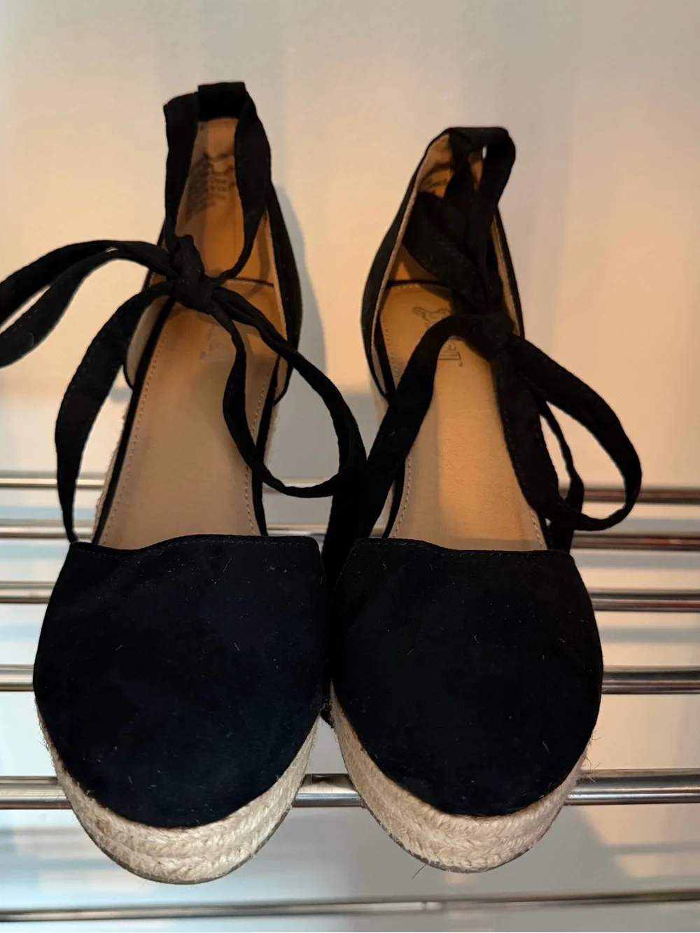 Brash Black Suede Espadrille Wedges with Ankle Tie